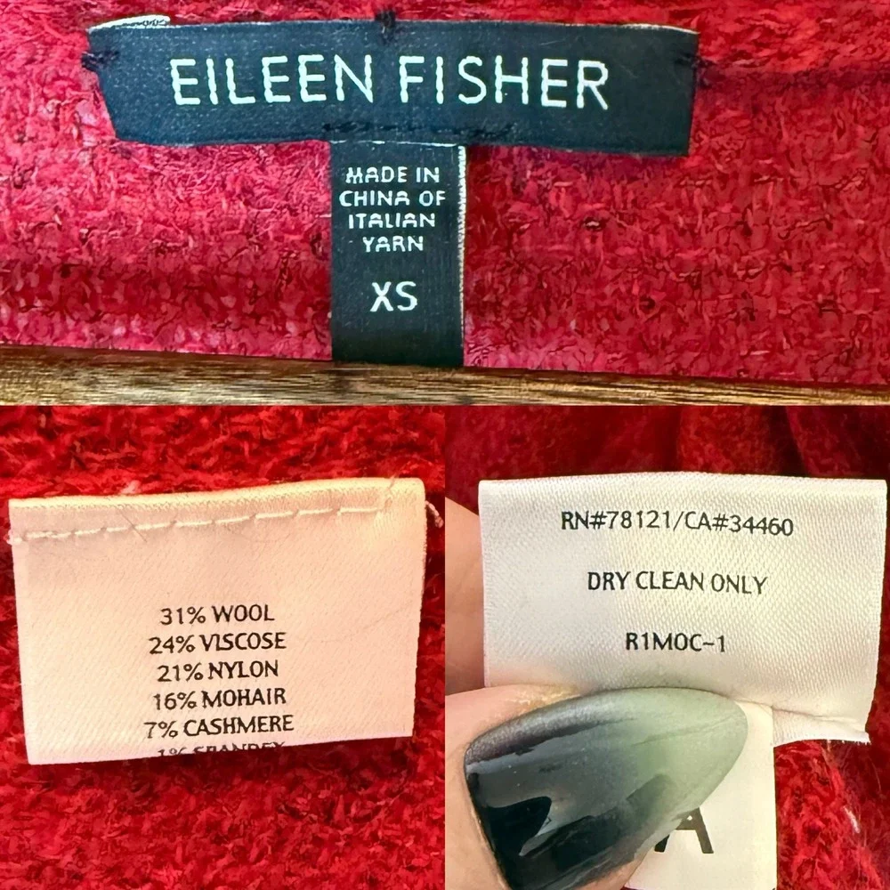 Eileen Fisher Wool Mohair Cashmere Cardigan Open Front Quiet Luxury Red‎ XS